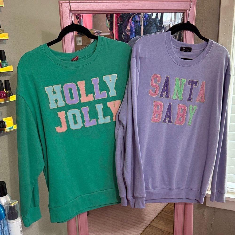 Green and Purple Pastel Christmas Holiday Sweatshirts - Holly Jolly & Santa Baby